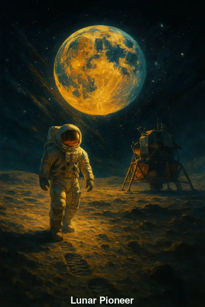 AI Kunstwerk mit Astronaut auf dem Mond – Vollmond, Landefähre und epische Weltraumatmosphäre