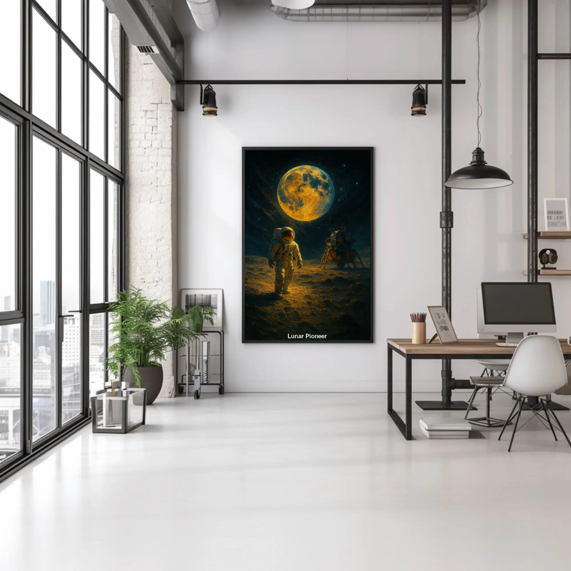 AI Kunstwerk eines Astronauten auf dem Mond mit leuchtendem Vollmond und Landefähre