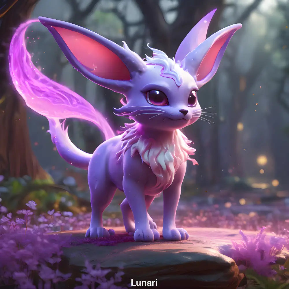 Lunari, ein leuchtendes Fabelwesen mit violettem Fell und Energie-Schweif, steht in einem magisch beleuchteten lila Wald voller Lichtpunkte.