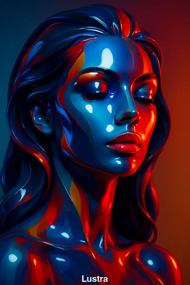 Glänzendes Frauenporträt mit geschlossenen Augen in Blau-Rot-Farbspiel