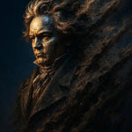 Maestro of Storms – AI Art, dramatisches Porträt in Bronze- und Goldtönen mit wirbelnden Partikeln und stürmischer Ausstrahlung.