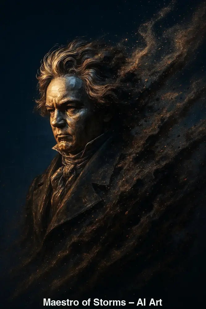 Maestro of Storms – AI Art, dramatisches Porträt in Bronze- und Goldtönen mit wirbelnden Partikeln und stürmischer Ausstrahlung.