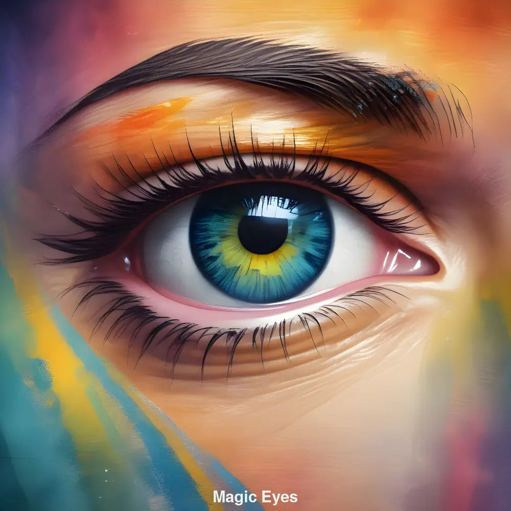 Leuchtendes, blau-goldenes Auge im Zentrum eines KI-generierten Porträts – Symbol für Magie, Tiefe und innere Wahrnehmung.