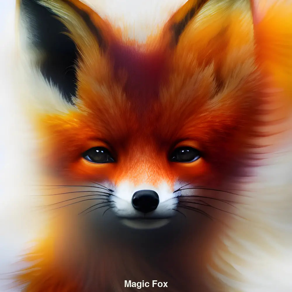 Bunter, KI-generierter Fuchs mit detailreichem Fell und magischer Ausstrahlung in leuchtenden Farben auf neutralem Hintergrund.