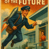 Retro-Poster zeigt fliegenden Postboten mit Raketenrucksack beim Zustellen eines Briefs – futuristisch und nostalgisch zugleich.