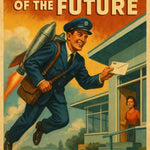 Retro-Poster zeigt fliegenden Postboten mit Raketenrucksack beim Zustellen eines Briefs – futuristisch und nostalgisch zugleich.