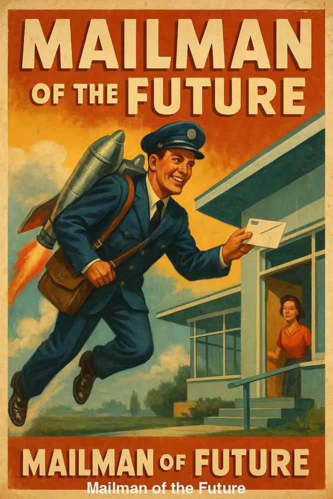 Retro-Poster zeigt fliegenden Postboten mit Raketenrucksack beim Zustellen eines Briefs – futuristisch und nostalgisch zugleich.