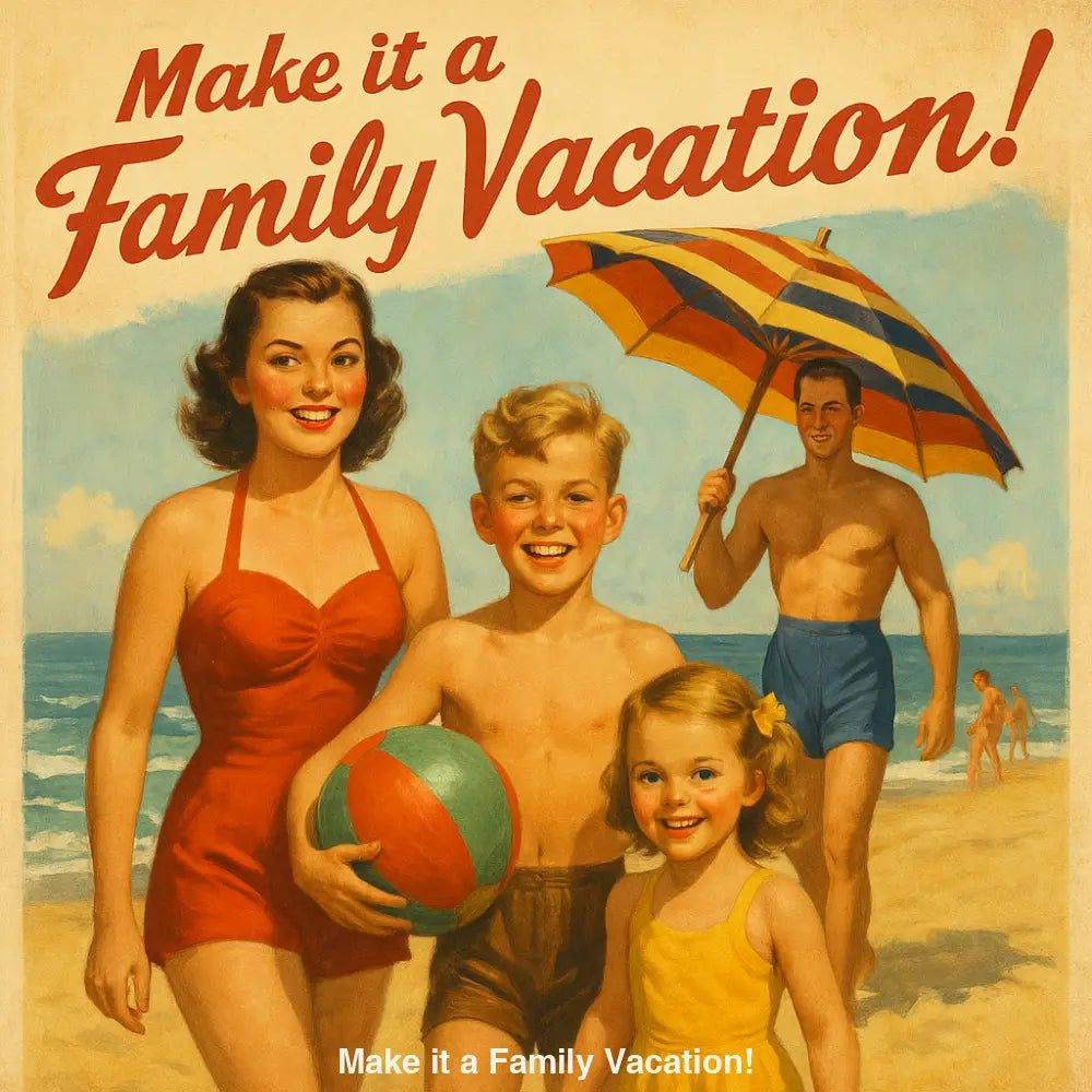 Retro-Strandszene mit fröhlicher Familie in 50er-Jahre-Bademode, Sonnenschirm und Ball – nostalgisches Urlaubsgefühl.