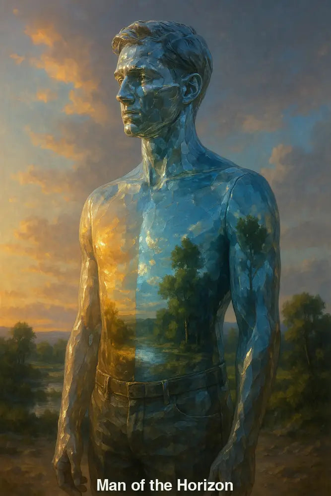 Stilisierte Männerfigur mit Landschaft als Oberfläche – KI-Kunst über Mensch-Natur-Verbindung und innere Bewusstseinsräume.