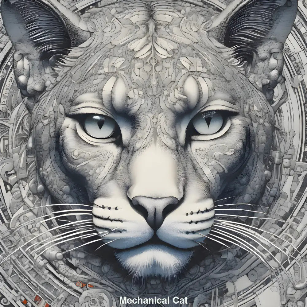 Porträt einer mechanischen Katze mit hellblauen Augen und filigranen Technikdetails – KI-Kunstwerk voller Eleganz und Tiefe