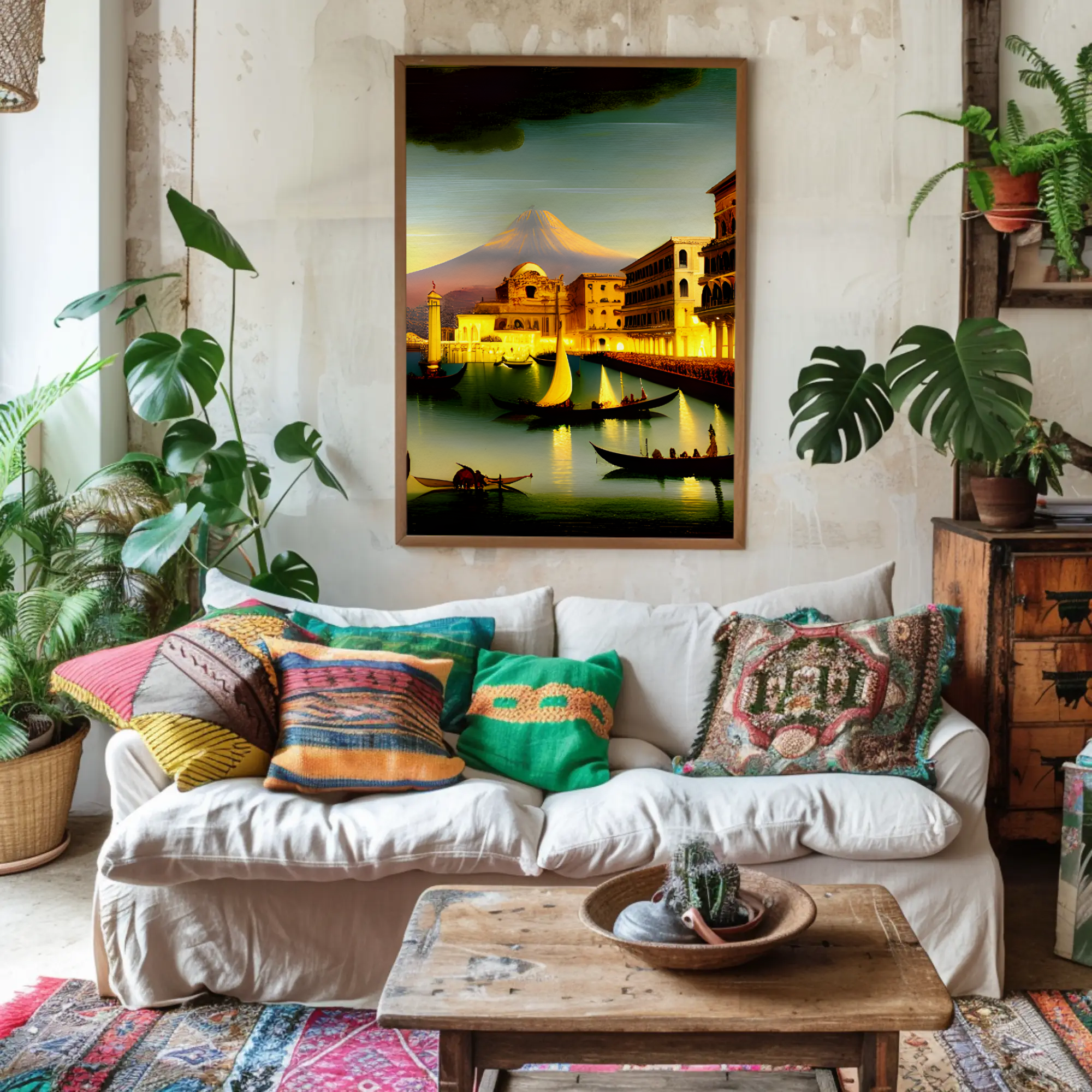 Mediterraner Fine Art Print mit leuchtender Abendstadt über modernem Interior