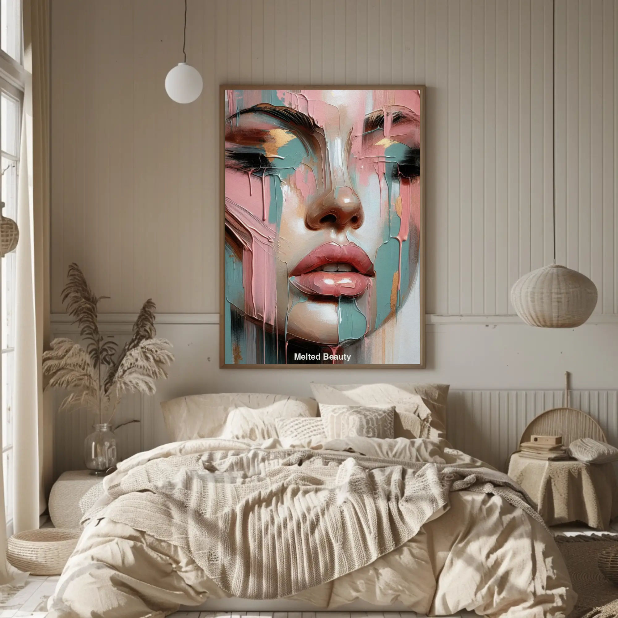 AI generiertes Porträt einer Frau mit hyperrealistischen Gesichtszügen und abstrakten, fließenden Acrylfarben.