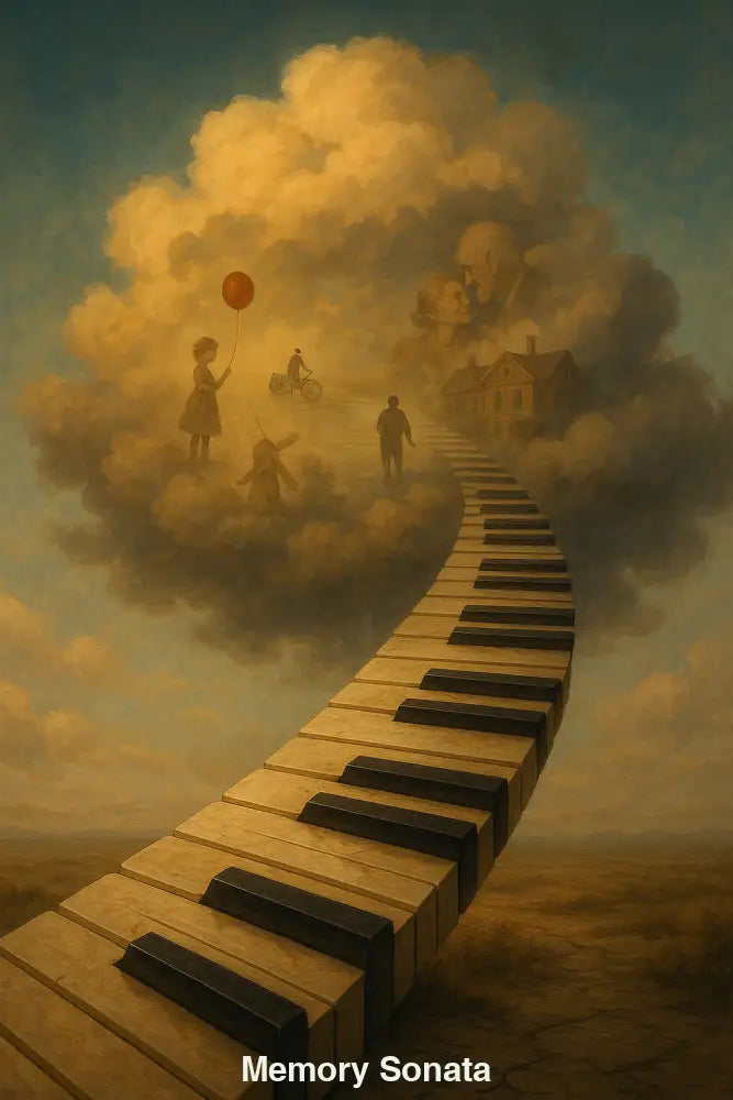 Klaviertasten-Treppe führt in Wolke voller Erinnerungen – surreales KI-Kunstwerk über Musik, Nostalgie und Lebensmomente