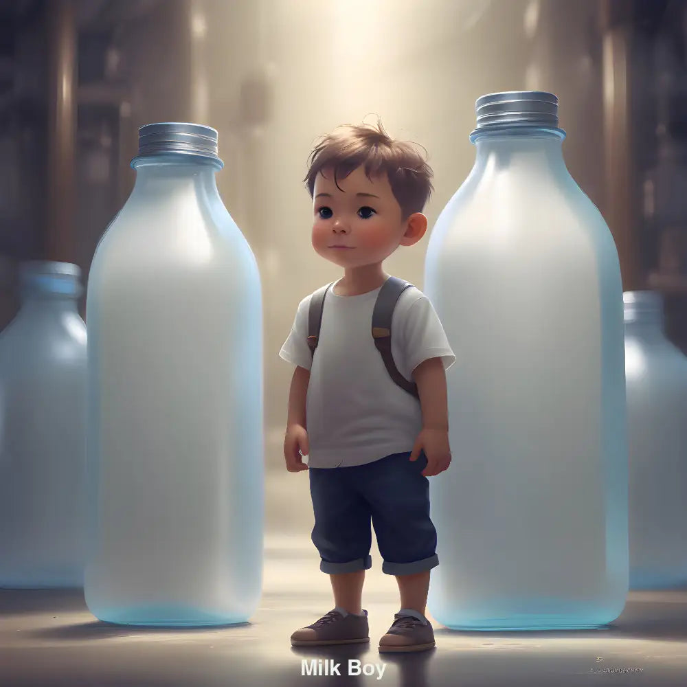 Junge steht zwischen übergroßen Milchflaschen in sanftem Licht – KI-Bild mit kindlicher Fantasie und verträumter Symbolik