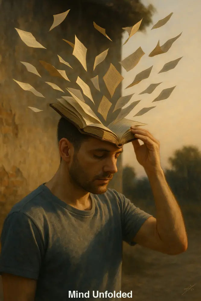 Mann hält Buch an Stirn, Seiten steigen wie Gedanken empor – digitales KI-Kunstwerk voller Symbolik und Licht