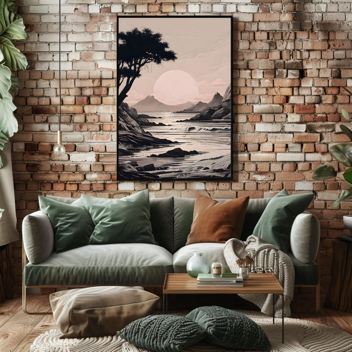 Moderne Küstenlandschaft mit Baum und ruhiger Meereskulisse als Wandbild