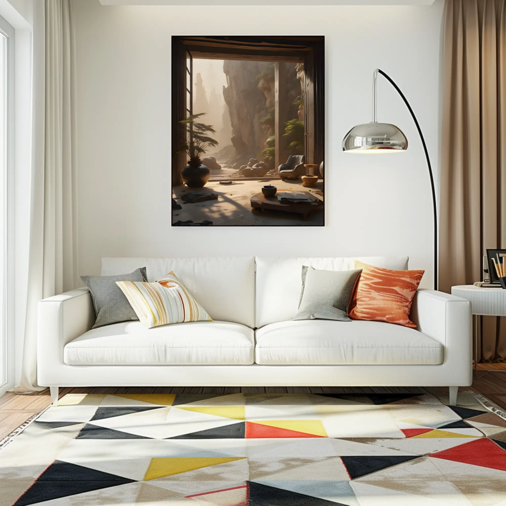 Warmer Fine Art Print mit natürlicher Lichtszene über modernem Schlafzimmer