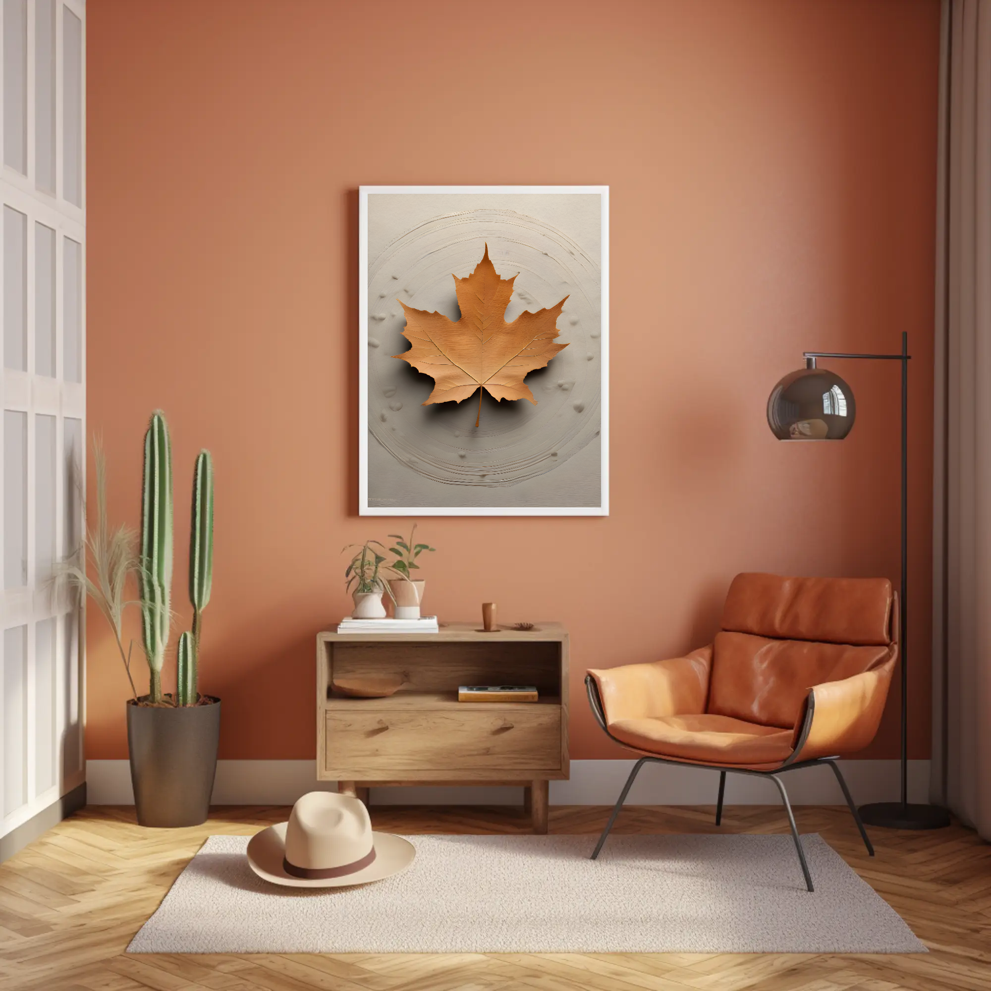 Ein einzelnes Blatt in warmen Farben auf hellem neutralem Hintergrund