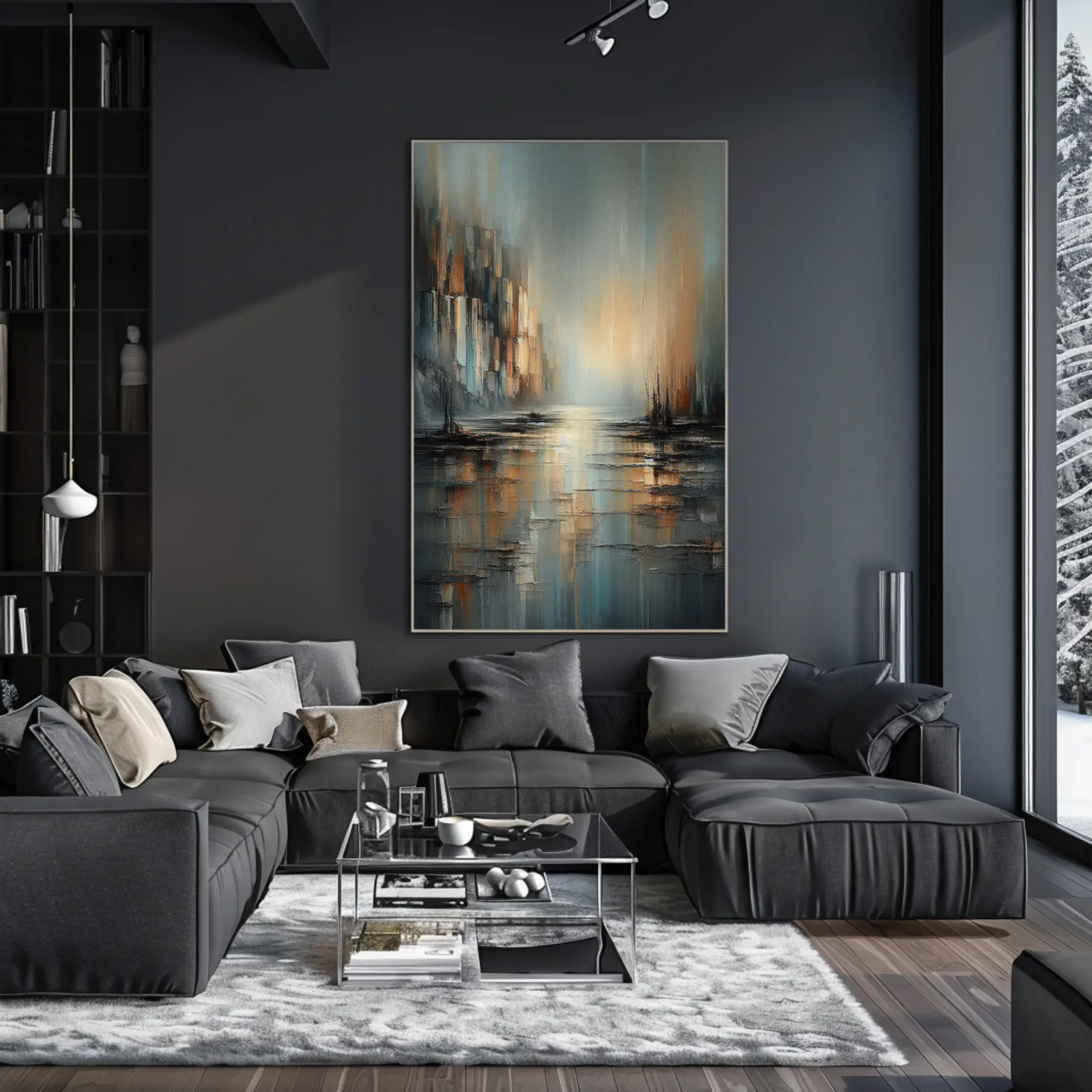 Mockup eines modernen, ruhigen Wohnraums mit dem AI-Kunstwerk „Mirror of Calm“ mit abstrakter Wasserlandschaft und sanfter Spiegelung