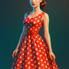 Frau im roten Vintage-Kleid mit weißen Punkten und 50er-Jahre-Styling im Retro-Look