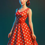 Frau im roten Vintage-Kleid mit weißen Punkten und 50er-Jahre-Styling im Retro-Look