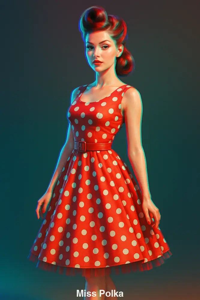 Frau im roten Vintage-Kleid mit weißen Punkten und 50er-Jahre-Styling im Retro-Look