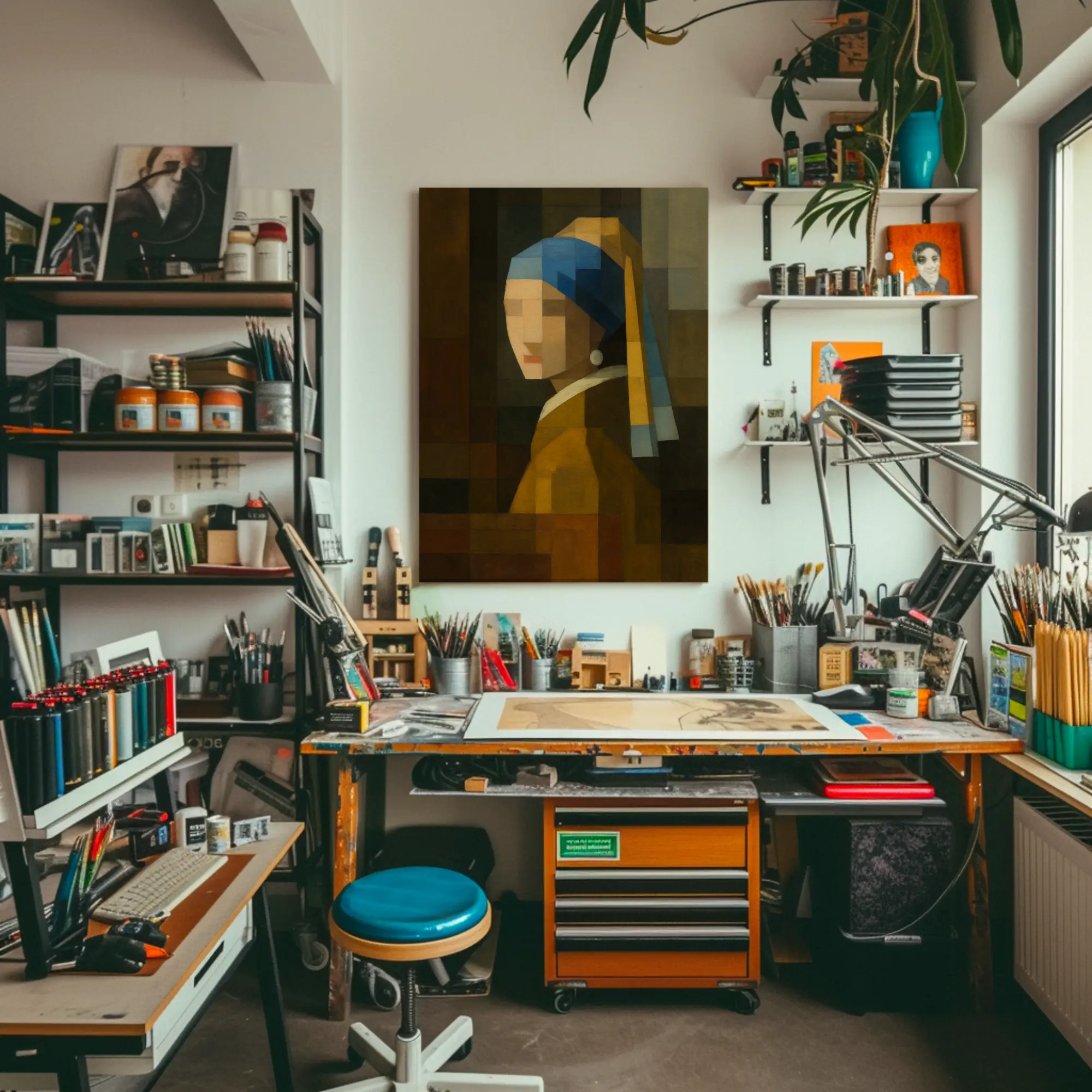 Fine Art Print mit geometrisch gestaltetem Frauenporträt in warmen Gold- und Blautönen im Atelier