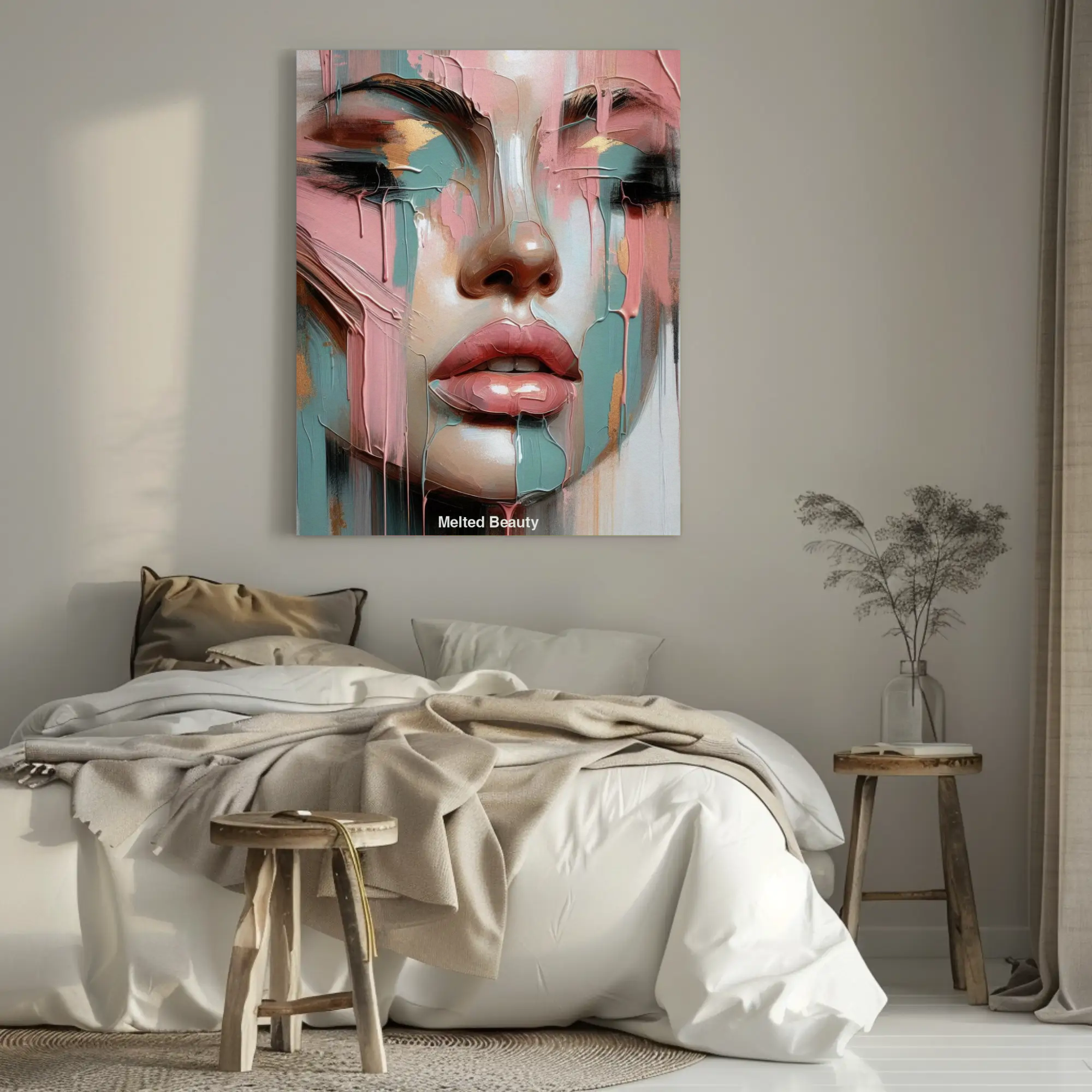 Moderner Fine Art Print mit emotionalem Portrait und abstrakten Farbverläufen im stilvollen Interior