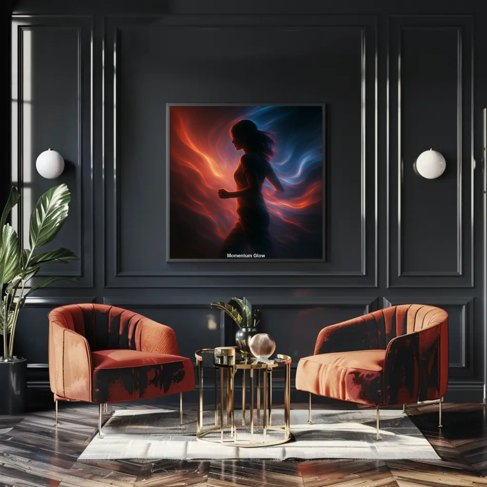 Dynamischer Fine Art Print mit leuchtenden Farbbewegungen und moderner Silhouette im Wohnraum