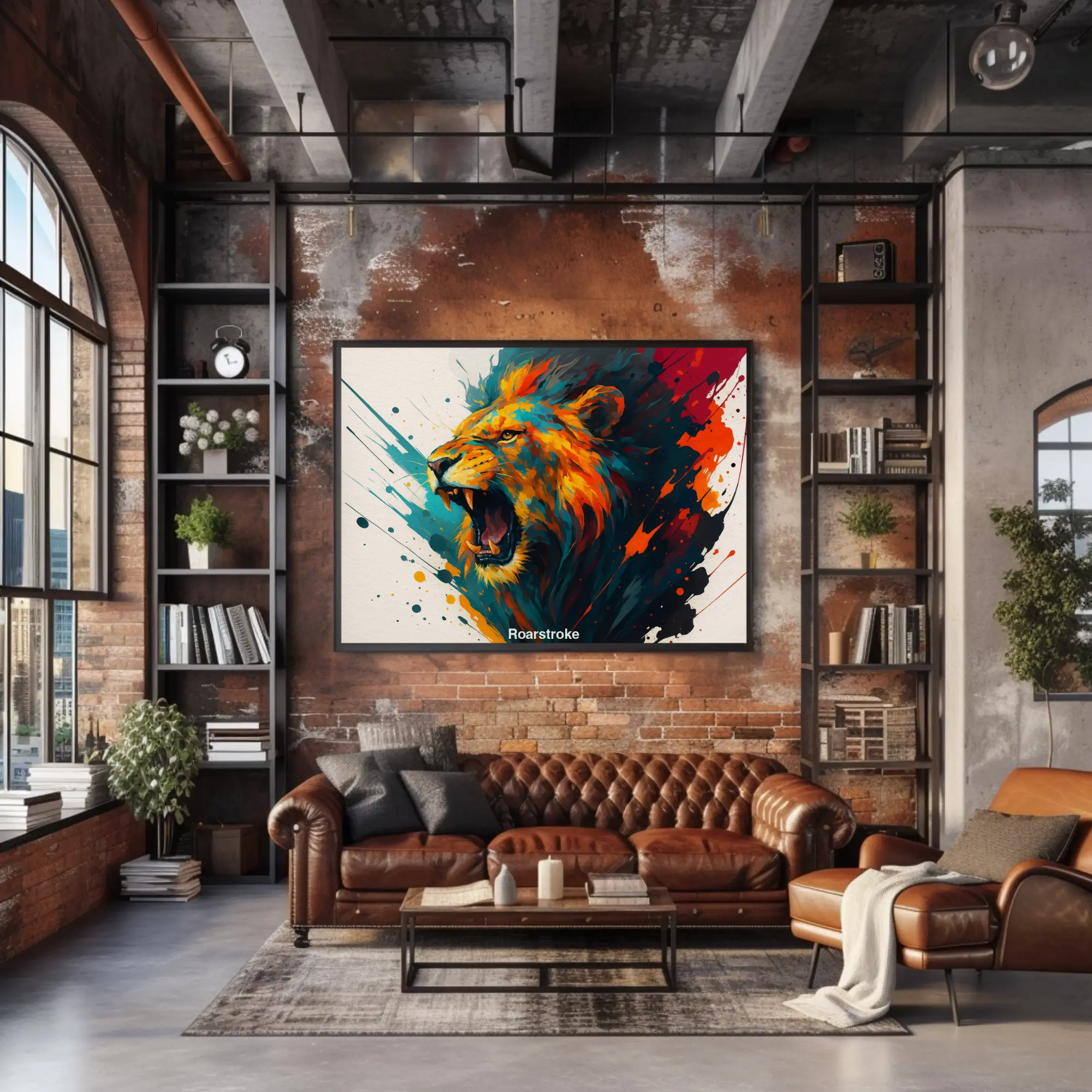 Farbintensiver Fine Art Print mit brüllendem Löwen in abstraktem Stil