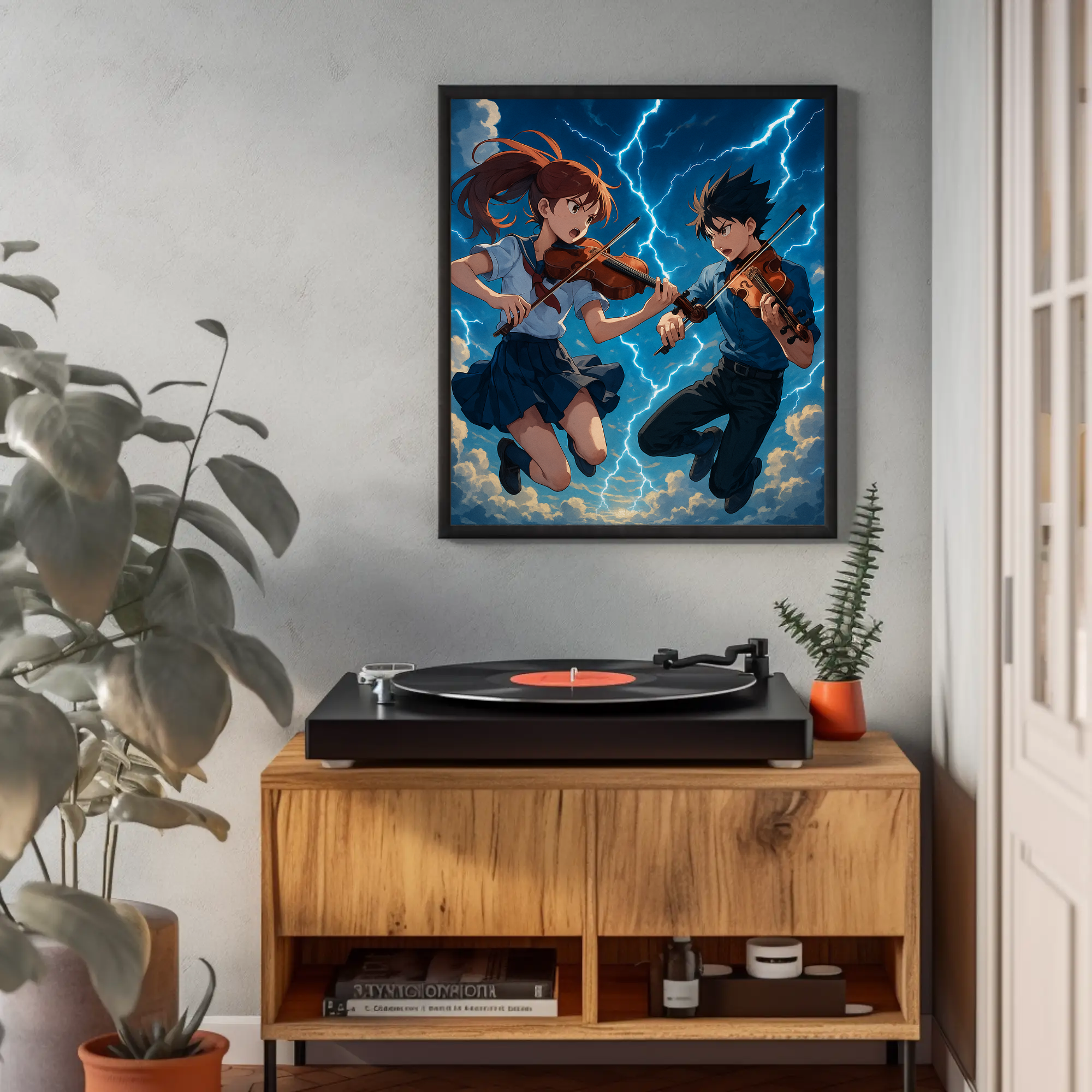 Quadratischer Fine Art Print mit energiegeladener Musikszene in modernem Wohnraum