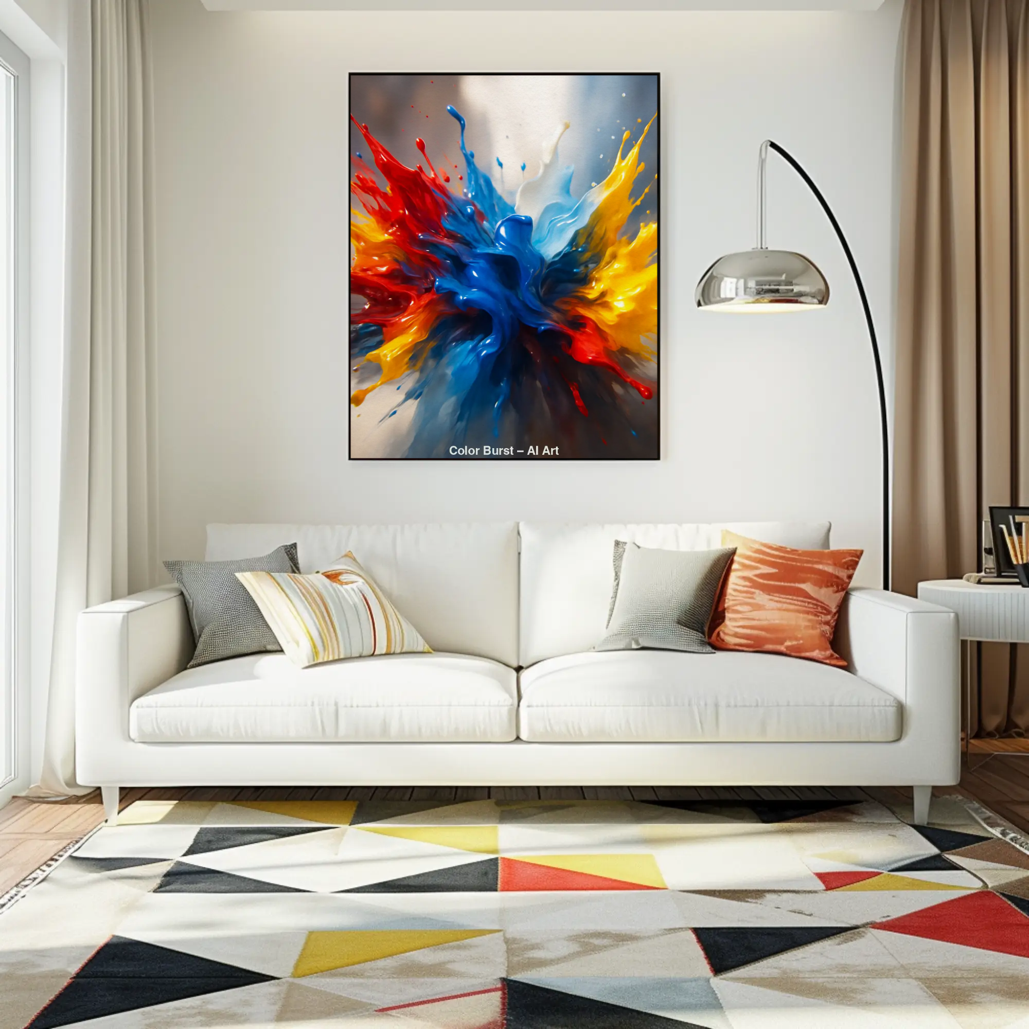 Abstraktes Bild mit farbiger Explosion hängt an einer Wand in einem modernen Raum