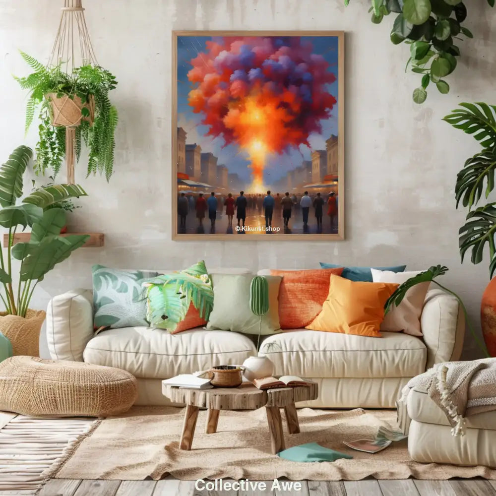 Stadtszene mit farbiger Explosion hängt an einer Wand in einem modernen Raum