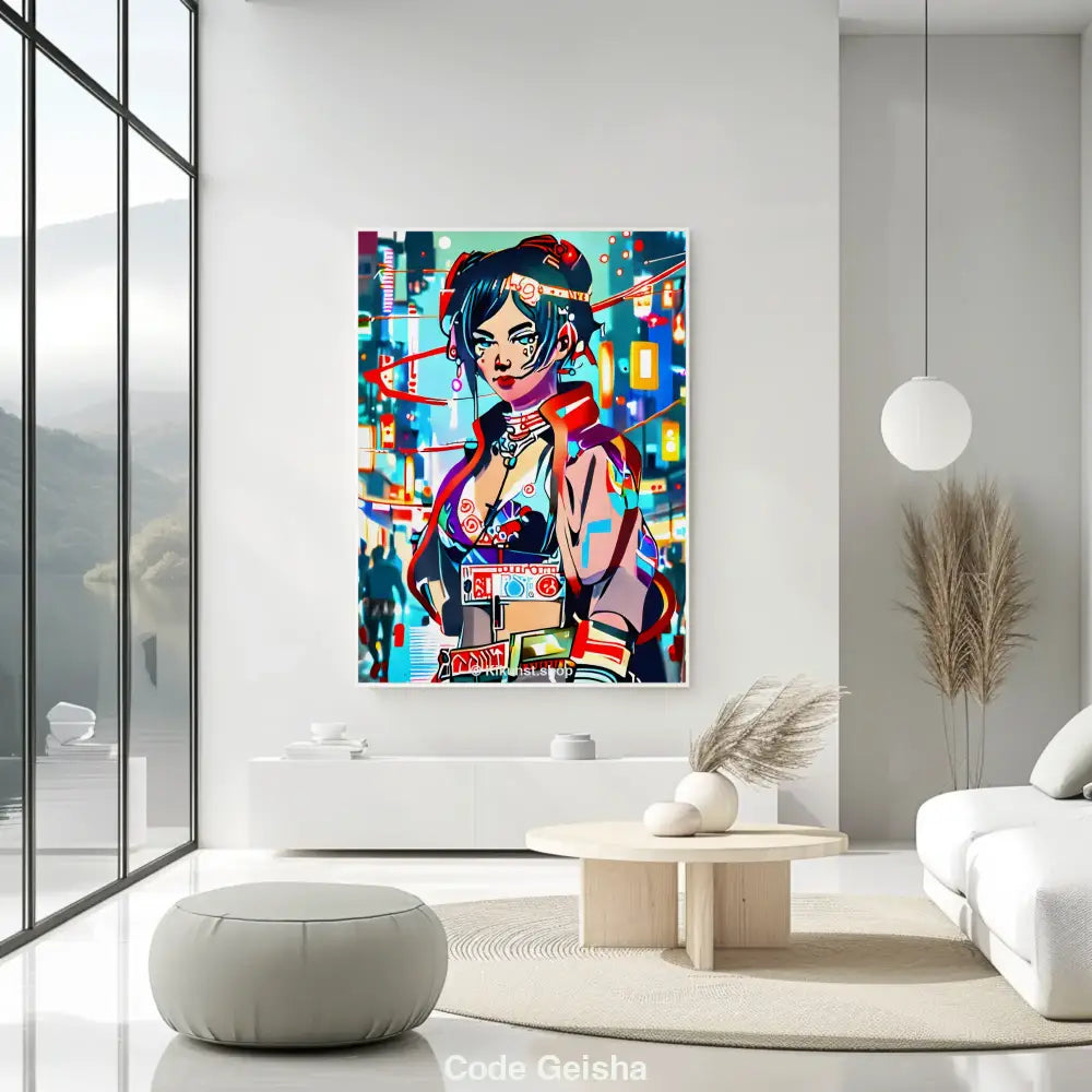 Geisha-Porträt mit bunten Mustern hängt an einer Wand in einem modernen Raum