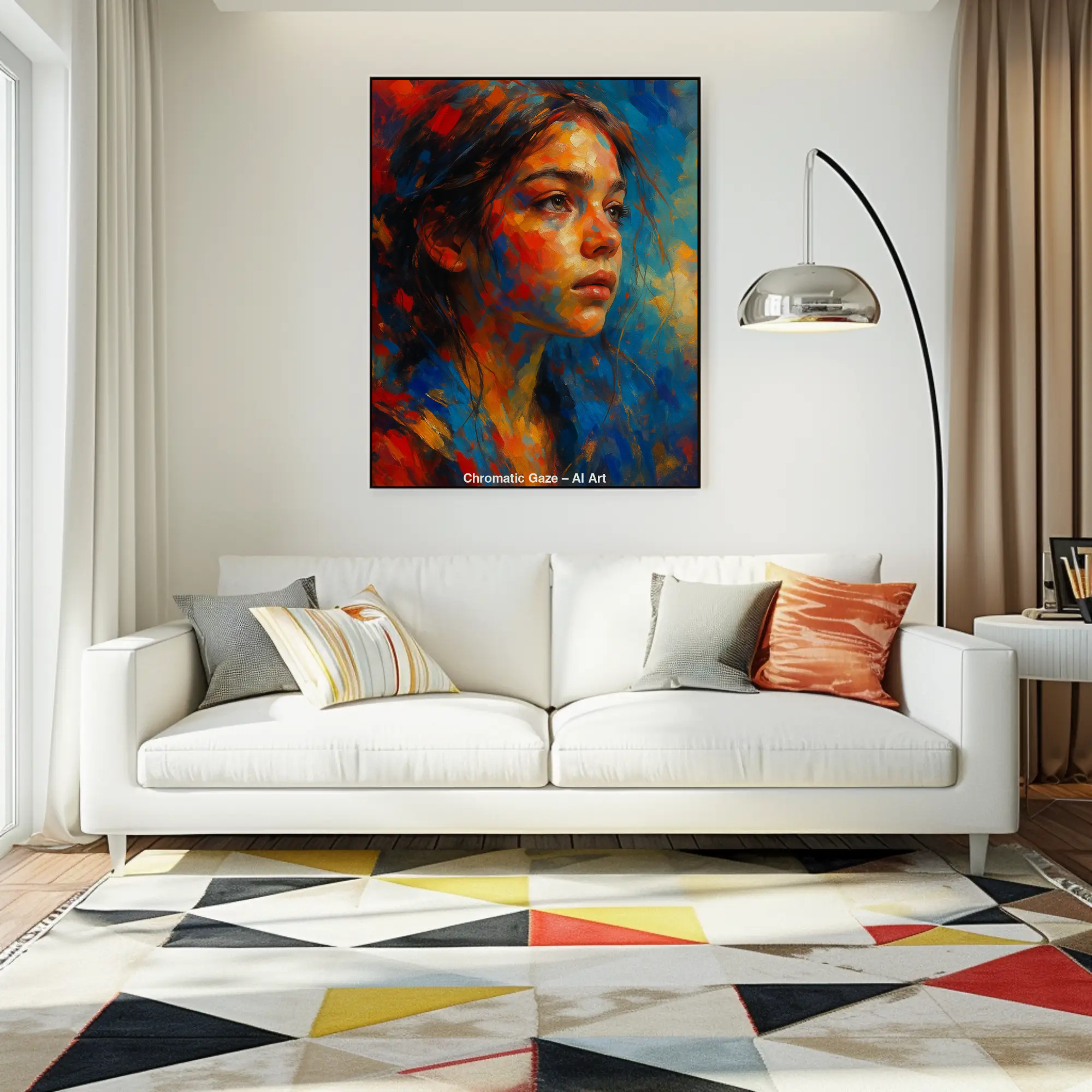 Porträt mit kräftigen Farben hängt an einer Wand in einem modernen Raum