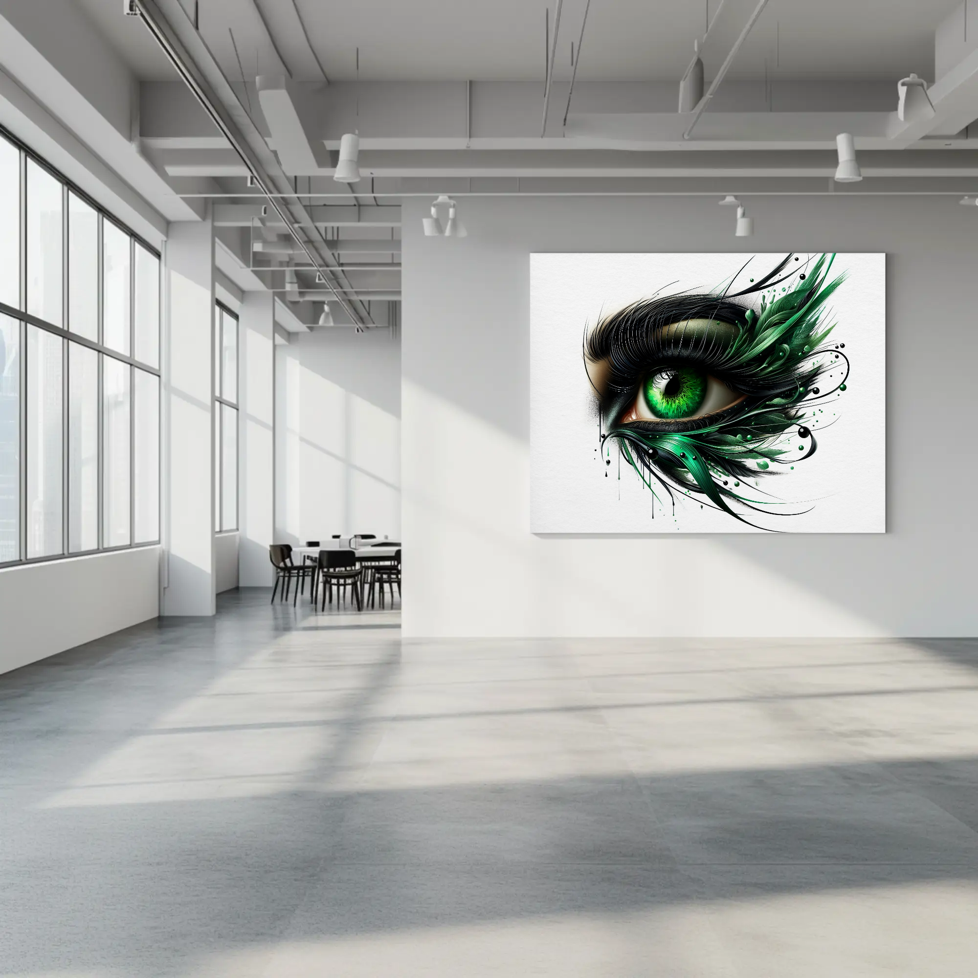 Abstraktes Augenmotiv in Smaragdgrün als modernes Wandbild in Galerieoptik