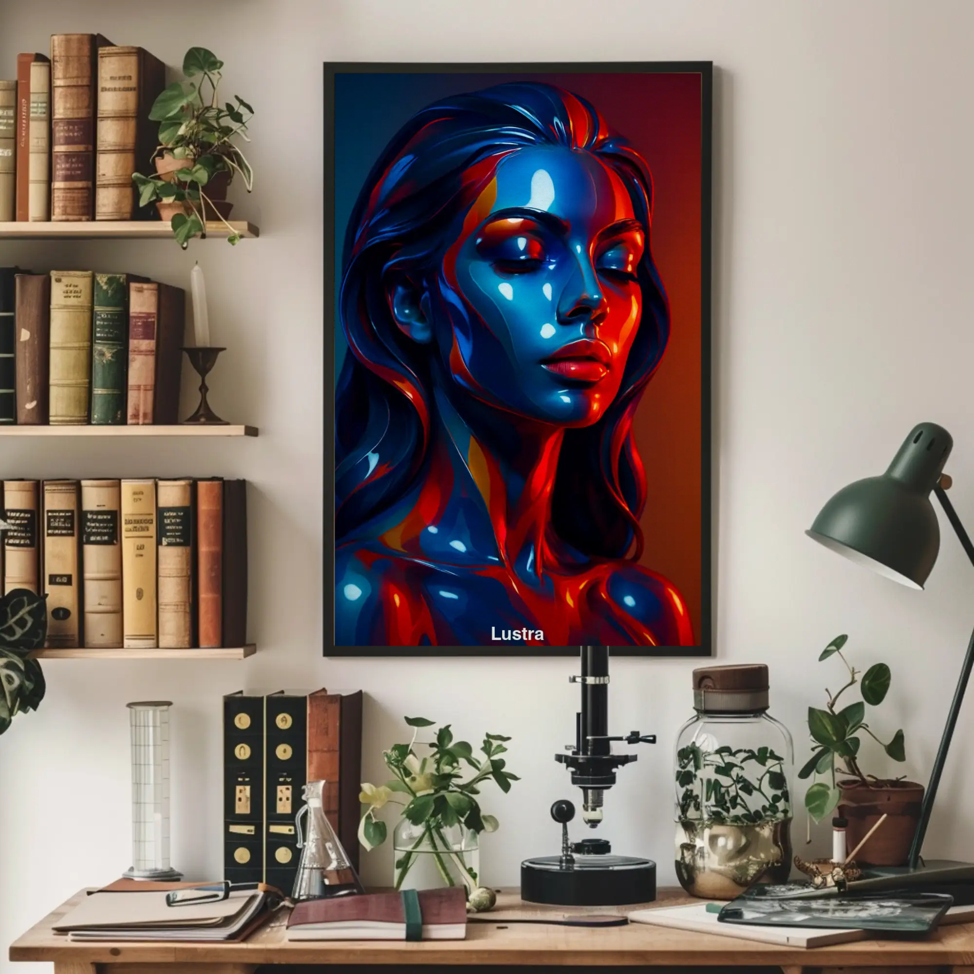 Futuristisches Frauenporträt mit leuchtenden Blau- und Rottönen