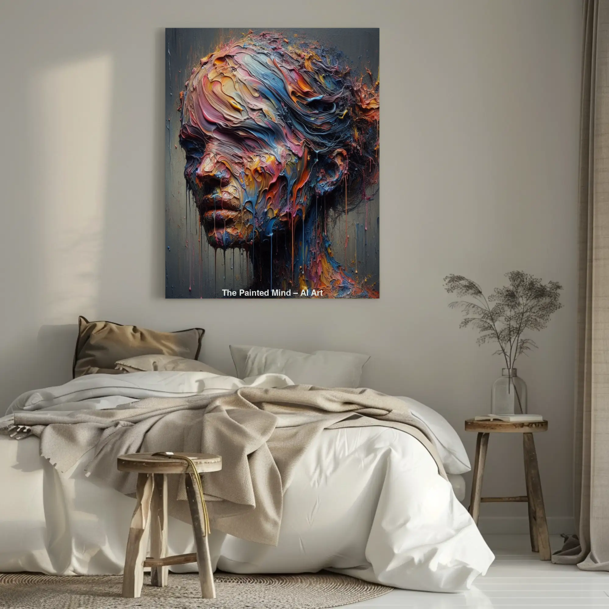 Fine Art Print mit farbintensivem Porträt und abstrakten Strukturen über einer modernen Schlafzimmereinrichtung.