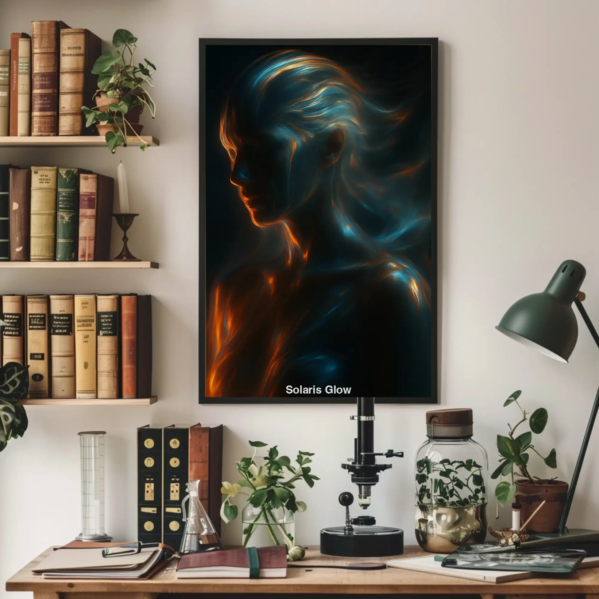 Leuchtendes Porträt als Fine Art Print über einer modernen Einrichtung mit Bücherregal und dekorativen Elementen.