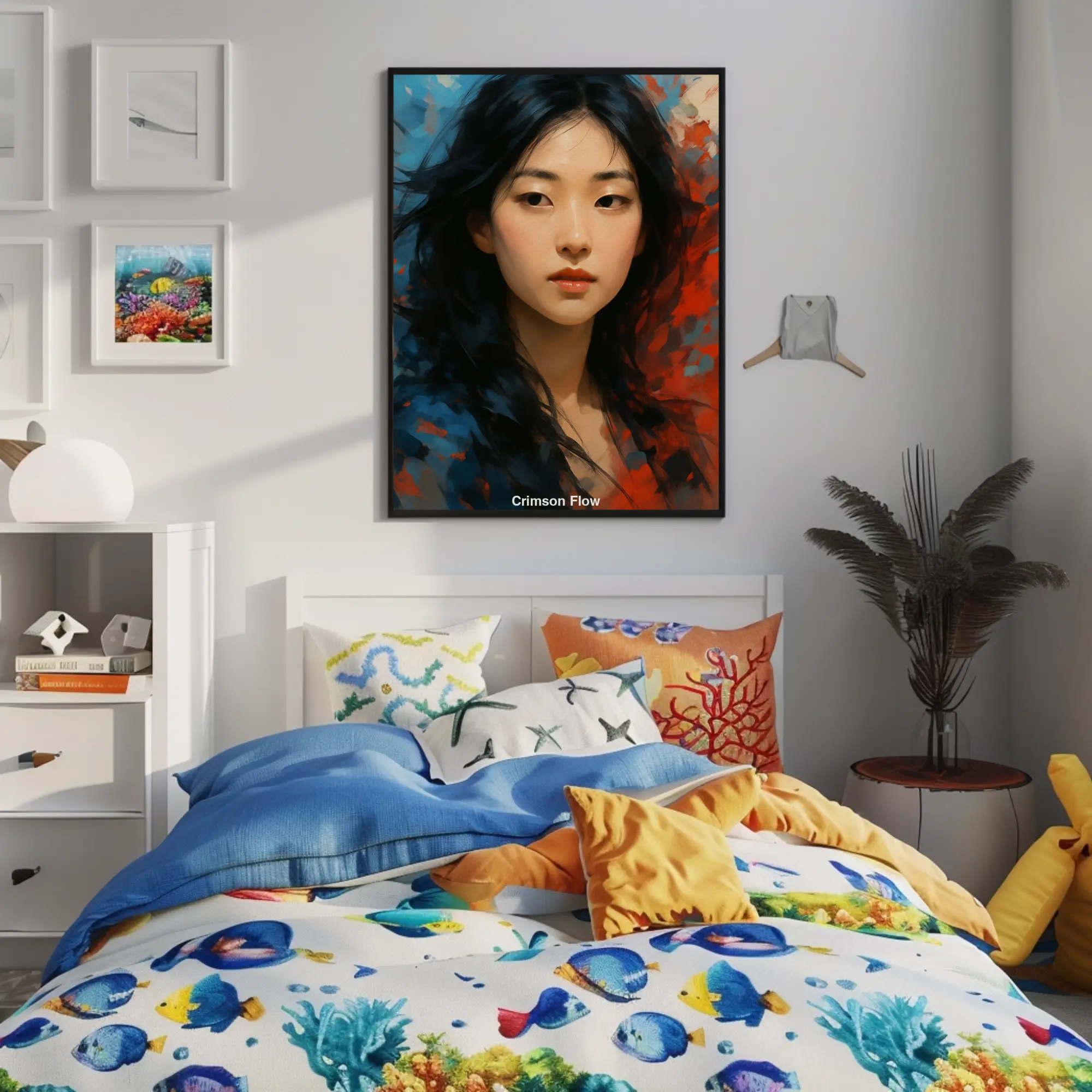 Porträt mit Farbverläufen als Fine Art Print über Bett in modernem Schlafzimmer