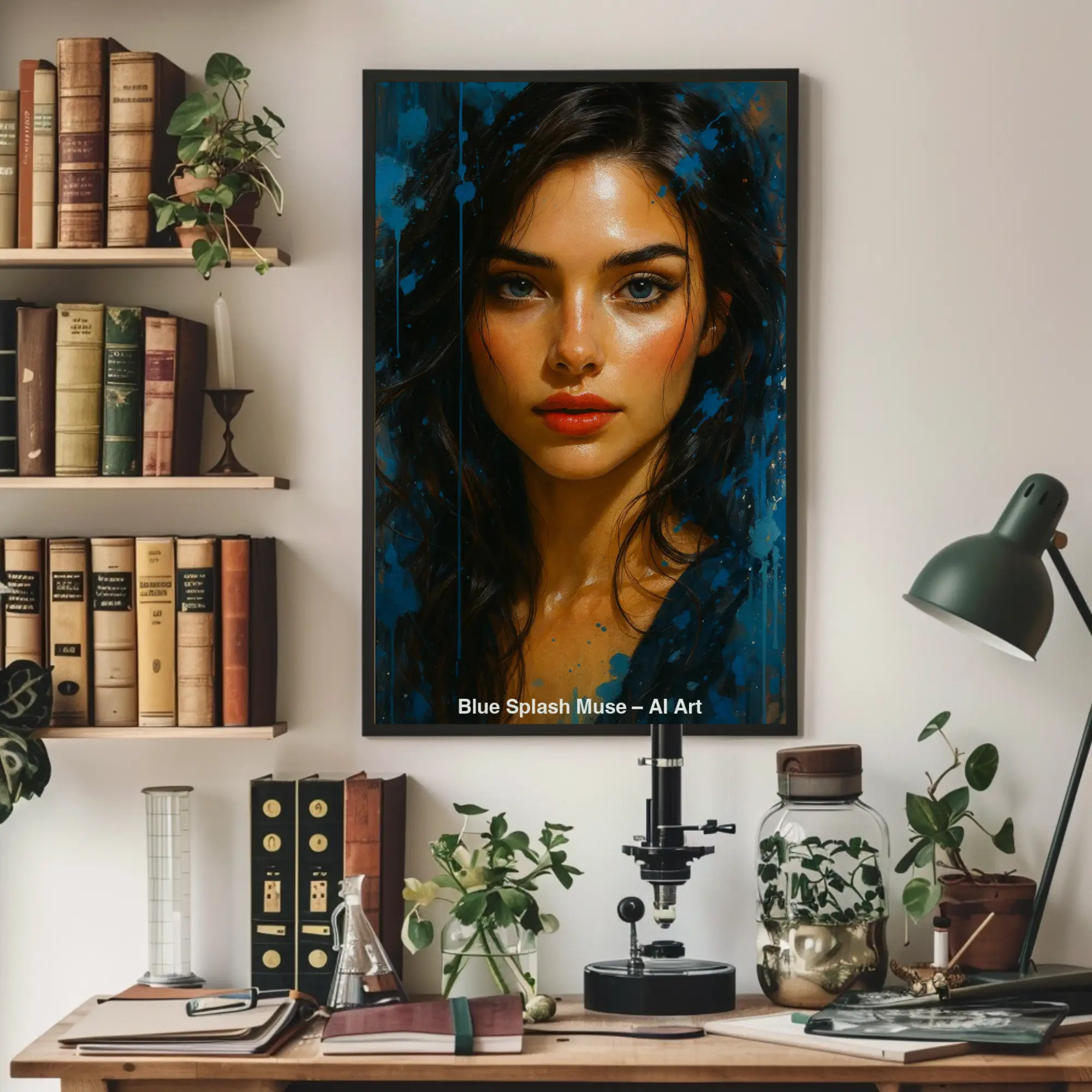 Fine Art Print mit Porträt in modernem Wohnraum mit Regal und Dekoration