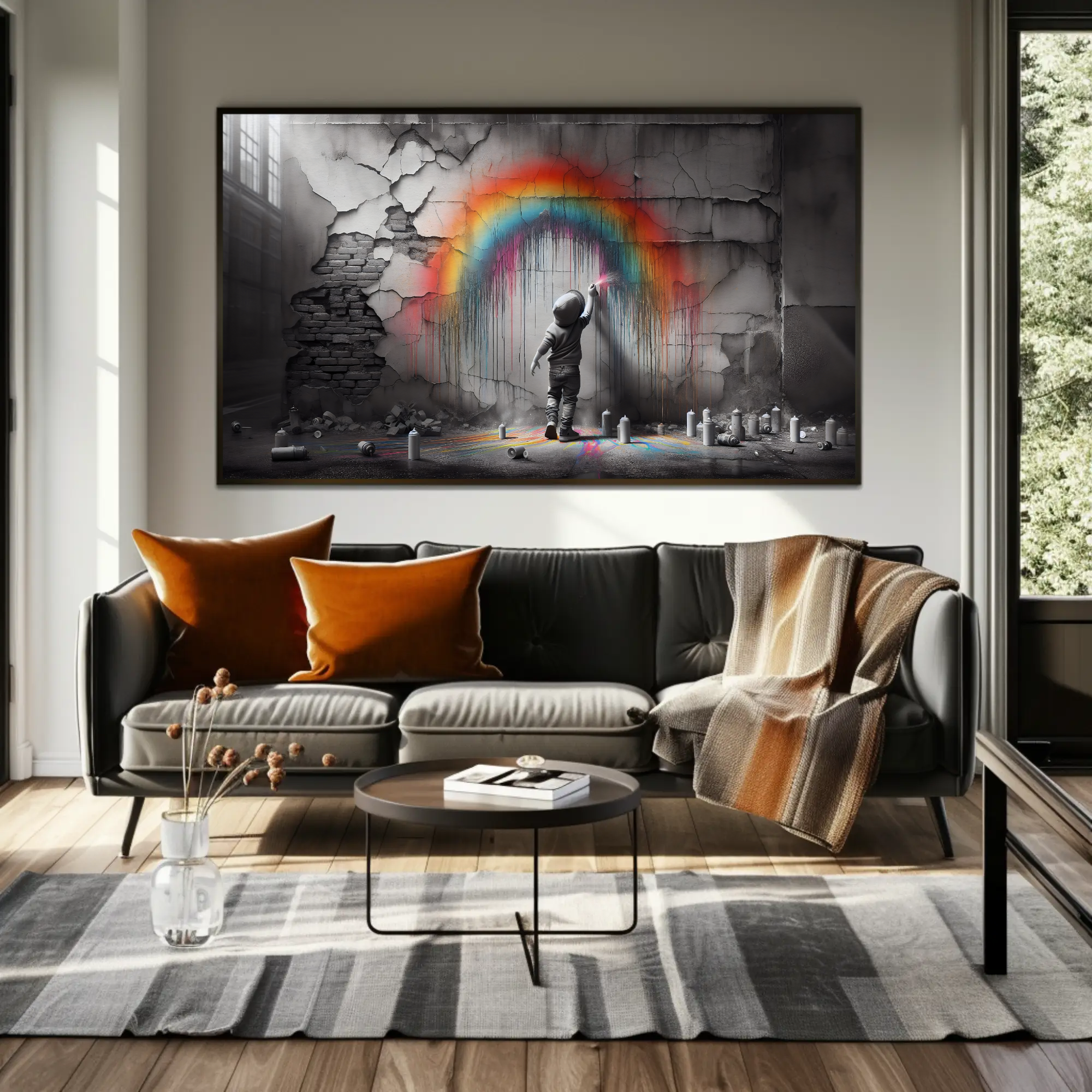 Street Art Wandbild mit Regenbogenmotiv und moderner urbaner Bildsprache