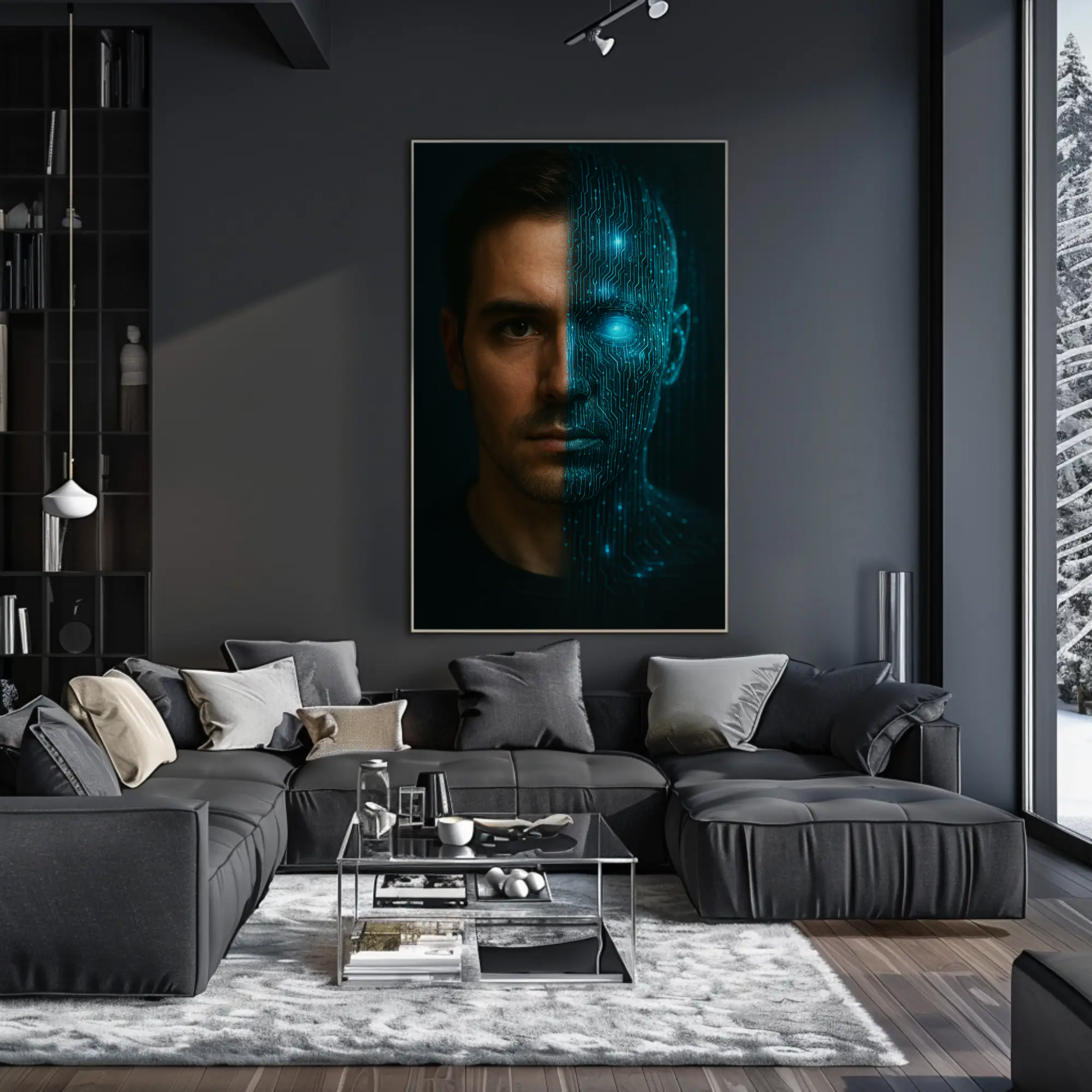 Fine Art Print mit digitalem Porträt in modernem Wohnzimmer