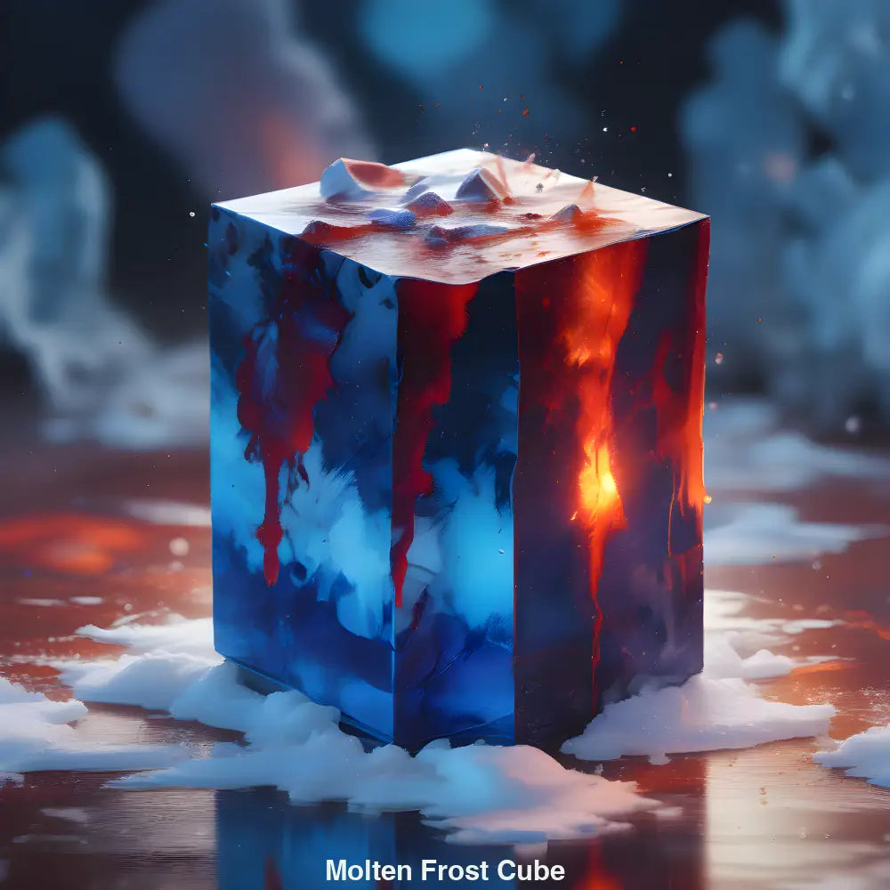 Abstrakter Würfel aus Eis und Lava – KI-Kunst mit spektakulären Licht- und Farbeffekten