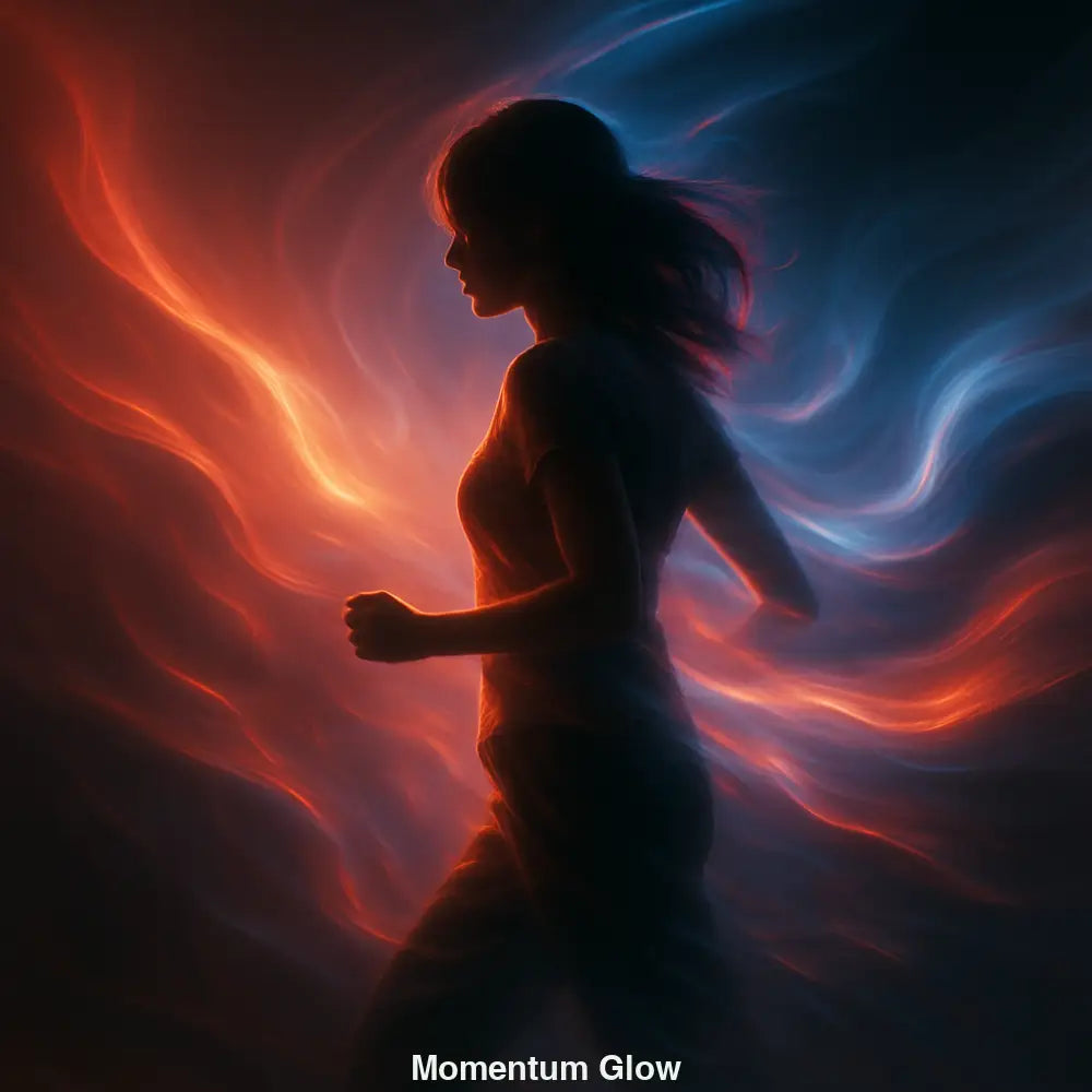 Silhouette einer laufenden Frau mit roten und blauen Lichtwirbeln im Hintergrund