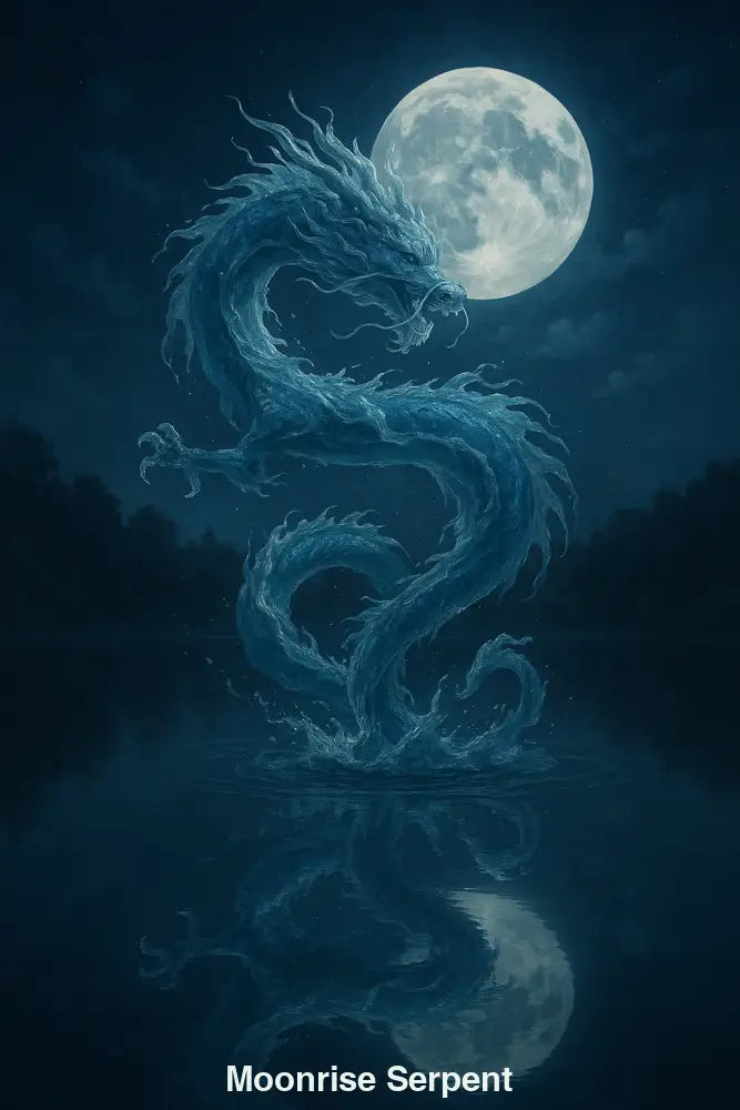 Majestätischer Wasserdrache steigt aus See vor Vollmond auf, mit Spiegelung auf ruhiger Oberfläche – mystisch und kraftvoll