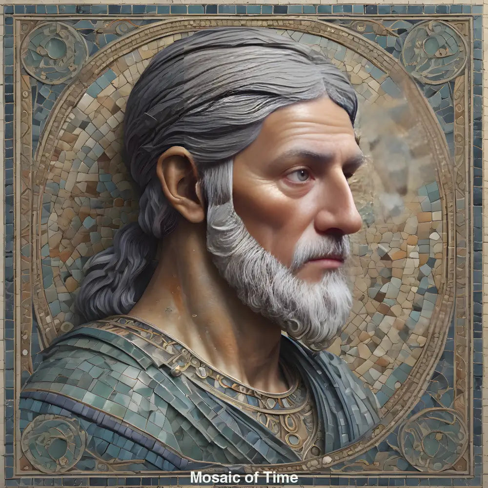 Digitales Porträt eines älteren Mannes im römisch-byzantinischen Stil, umrahmt von einem detailreichen steinartigen Mosaik