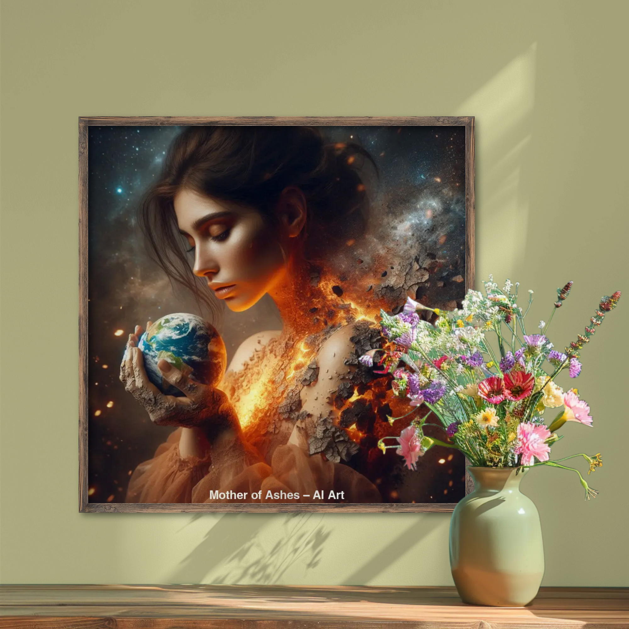 Mockup von Mother of Ashes – AI Art, feurige Figur hält eine Erde, emotionale und kosmische Atmosphäre.