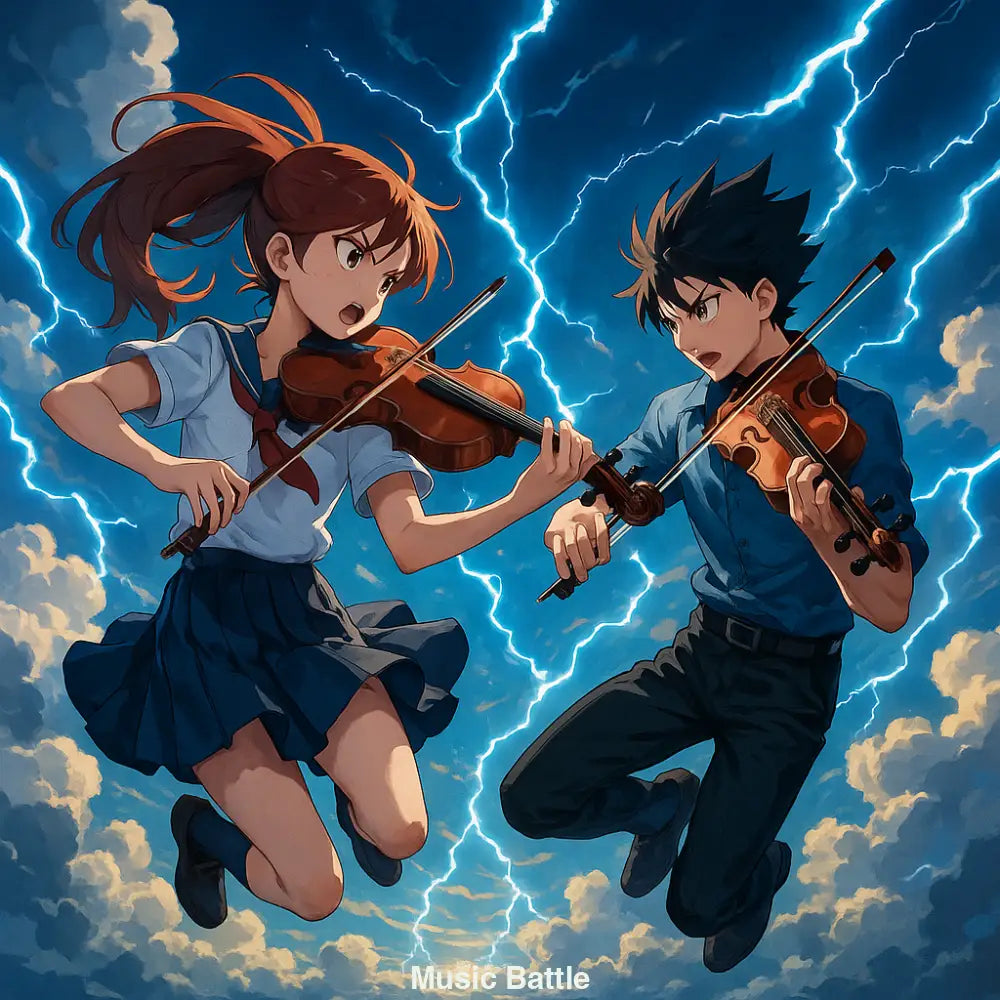 Anime-Kunstwerk mit zwei Geigern im dramatischen Duell inmitten eines Gewitters – voller Bewegung, Spannung und musikalischer Energie