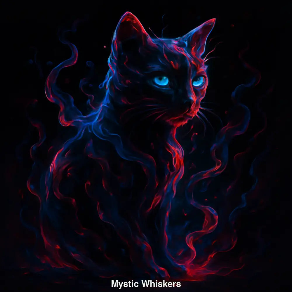 Leuchtende Cyber-Katze mit blauen Augen und roten Energielinien auf schwarzem Hintergrund